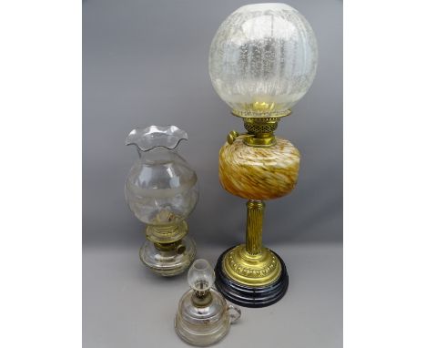VICTORIAN OIL LAMP with mottled glass font and globular shade plus two other smaller