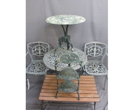 METAL GARDEN FURNITURE, a quantity, including two circular topped tables, two armchairs, a teak top low table with pierced en