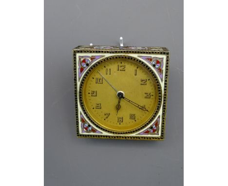 SMALL ENAMEL &amp; WHITE METAL CASED ALARM CLOCK, possibly Russian, 6.5cms square