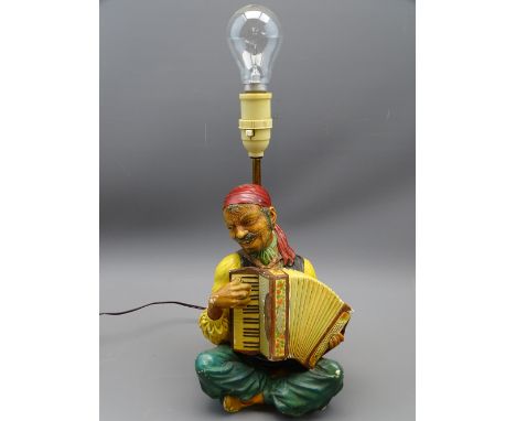 RARE BOSSONS CHALKWARE LAMP BASE of a gypsy figure playing an accordion, 33.5cms H including fittings