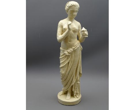 VICTORIAN CAST IRON GARDEN FIGURE OF A MAIDEN holding a lamp, 42cms H