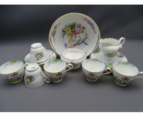 AYNSLEY FLORAL DECORATED TEAWARE and a Rosenthal bird and floral decorated dish, the teaset comprising six cups, five saucers