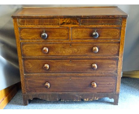 REGENCY MAHOGANY CHEST OF TWO SECRET DRAWERS over two short and three long drawers, having turned wooden knobs and line inlai