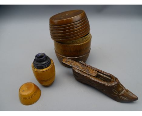 THREE ITEMS OF VINTAGE TREEN including a small carved shoe form snuff box and two barrel form containers, one with interior i