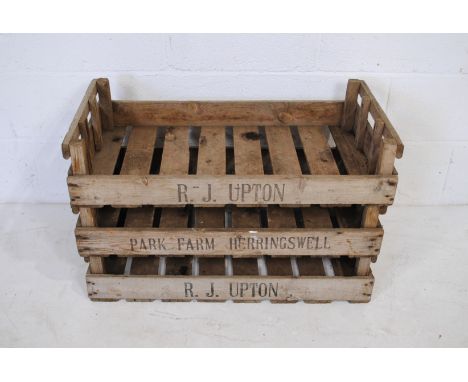 Three vintage wooden apple crates, named to 'R. J. Upton' of Park Farm, Herringswell