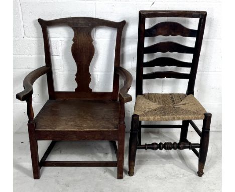 Two vintage oak chairs, one carver, one ladderback. 