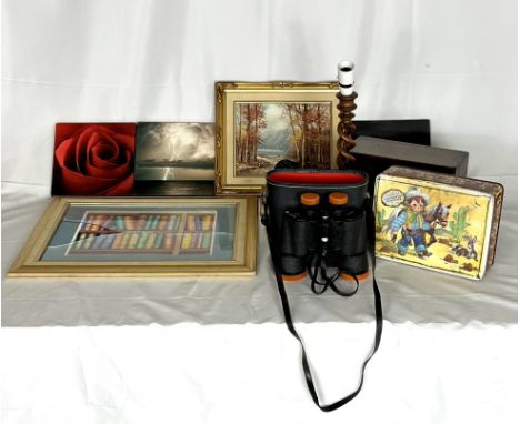 An assorted lot including a watercolour of a mouse on a bookshelf signed Mike Ash, 2007, a wooden jewellery box, a pair of vi