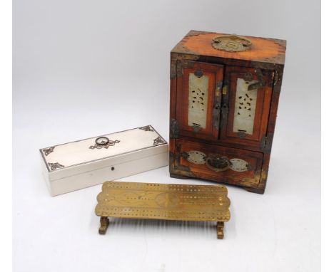 A small Japanese jewellery cabinet with carved hardstone decoration - hinges A/F, along with a box with steel detailing and a