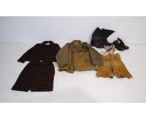 A quantity of vintage clothes, including a 'Ganterie Moderne S. A.' leather military jacket, a ladies 'Dereta' tweed jacket a