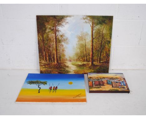 Two signed oil on canvases of African scenes, along with an oil on board of a hunting scene signed 'Marshall'