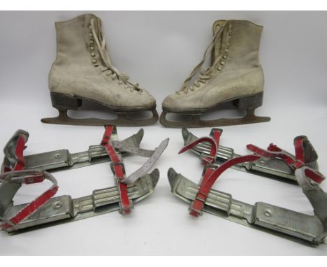 A pair of Polar Astor vintage ice skates along with two pairs of snow shoes