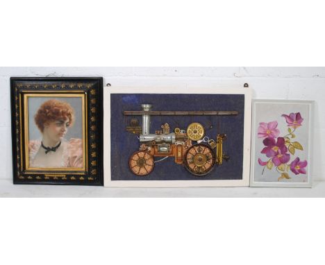 Three framed pictures, including a steampunk style collage of a steam engine, a framed portrait of a lady etc.