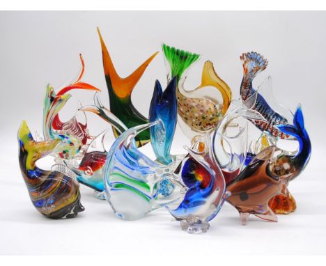 A collection of art glass fish, including Murano, Bohemia, Phoenician etc.