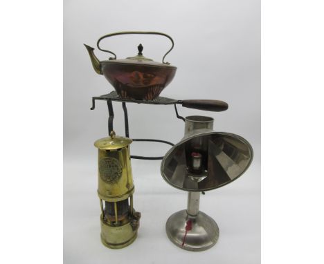 A "Protector Lamp & Lighting Co." miners lamp (no glass) along with a copper kettle, trivet (A/F) etc.