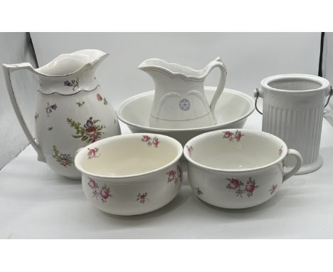A pair of vintage chamber pots, two jugs (one A/F) other Jug is marked Home & Orphanage, Grand Lodge, State of New York, bowl
