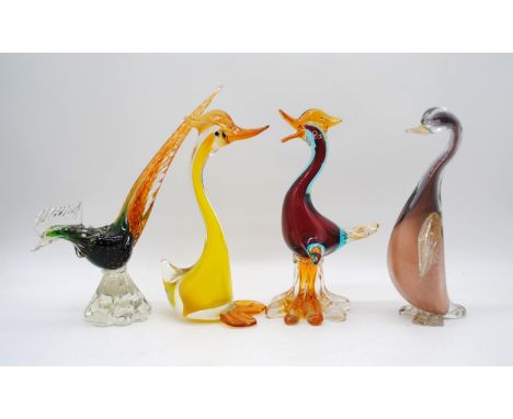 A collection of four art glass birds, including a Murano duck, Murano pheasant etc - one with a slight chip