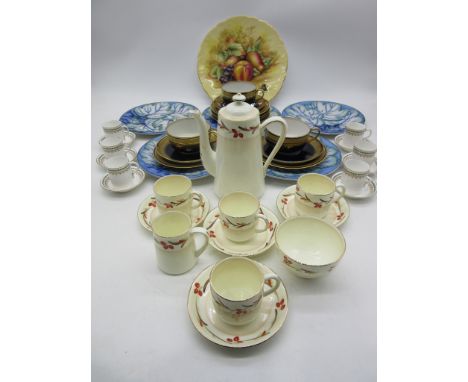 A Wedgwood part coffee set along with an Adderley set, Limoges trios and an Aynsley Orchard Gold plate etc.