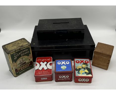 A collection of vintage tins including Oxo, Stewart & Young "The Steamship Brand" Molasses Candy etc 