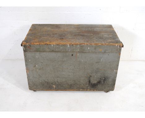 A grey painted carpenters trunk, containing a small quantity of tools - length 96.5cm, depth 51cm, height 62cm