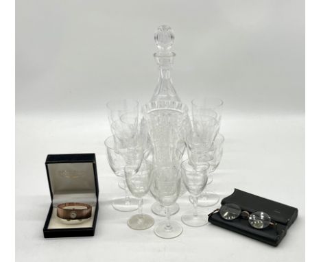 An Edinburgh Crystal decanter plus a selection of wine and sherry glasses. Lot also includes a Copperfield ladies watch plus 