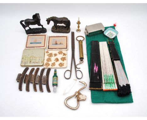 A mixed lot, including steel curling tongs, novelty bottle opener for Harp lager, Chatillon USA brass scales marked 'Savage A
