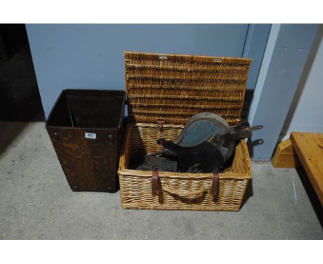 A mixed lot, including vintage fire bellows, knife sharpening block, wicker picnic hamper etc.