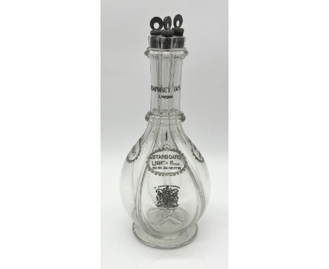 A Humphrey Taylor of London four division glass decanter each side named 'Pricota Apricot Brandy', 'Kummel', 'Curacao' and 'S