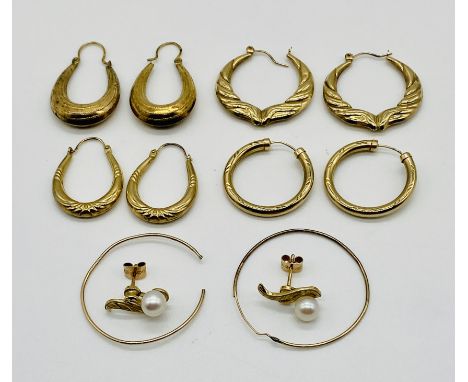 Five pairs of 9ct gold hoop earrings along with an unmarked pair of gold and pearl earrings and one other, total gold weight 