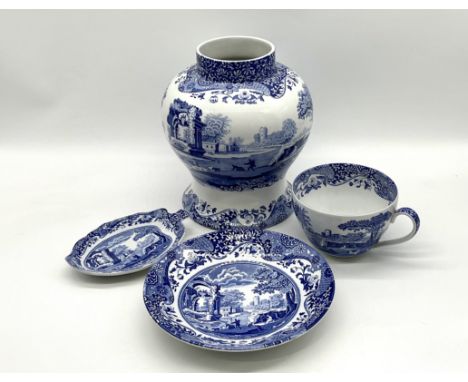 An assortment of Spode blue and white Italian china including a Vase, an oversized cup plus two dishes.