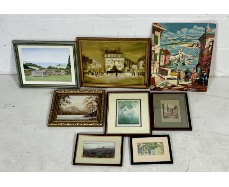 A collection of framed (except one) watercolours, oils and prints. Legible signatures include "The Rag Market" by K Lovell, a