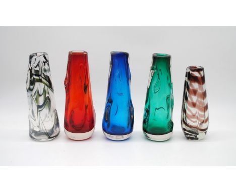 Three Whitefriars coloured knobbly vases, along with a Whitefriars streaky knobbly vase and a Murano vase