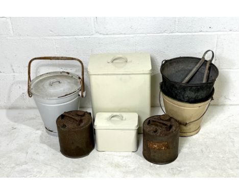 An assorted lot of galvanised buckets, two vintage petrol cans plus two enamelled Laundry tins