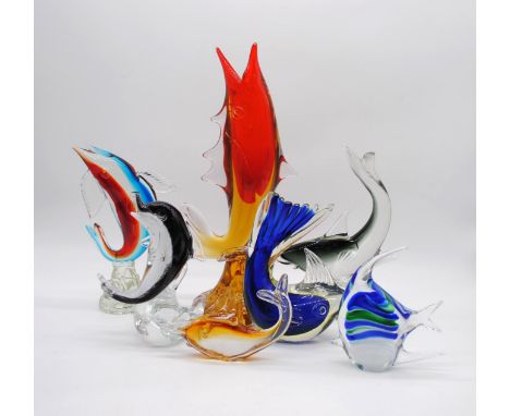 A collection of seven art glass fish, including a large Murano swordfish vase (A/F)