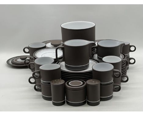 A large collection of vintage Lancaster Vitramic Contrast 1978 Hornsea England Cups, saucers, plates, jugs pots etc