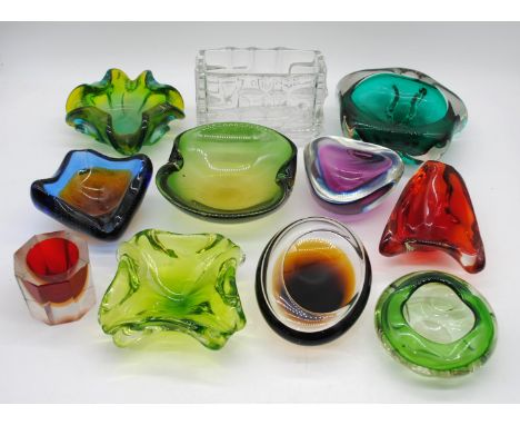 A collection of art glass bowls, including a Sklo Union clear glass trough, a Whitefriars blue lobed bowl, Murano Sommerso Bu