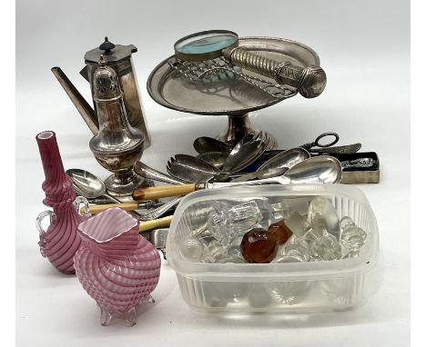 An assortment of vintage silver plated items, a collection of  bottle stoppers and two Nailsea scent bottles (one chipped)