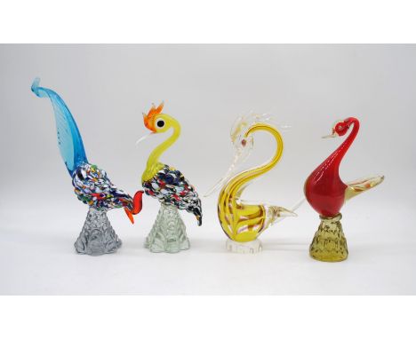 A collection of four art glass birds, including a Murano rooster, Murano swan etc - one A/F