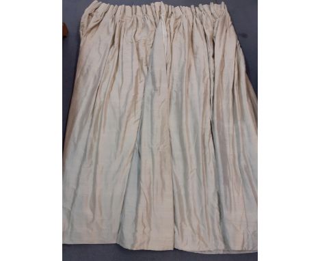 A pair of John Lewis silk curtains in a pale green colour, fleece lining, triple pleated, each panel measuring 150cmW (59cm) 