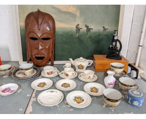 A mixed lot to include a child's commemorative sea set, Japanese teaware, a carved wooden mask, a microscope, print and other