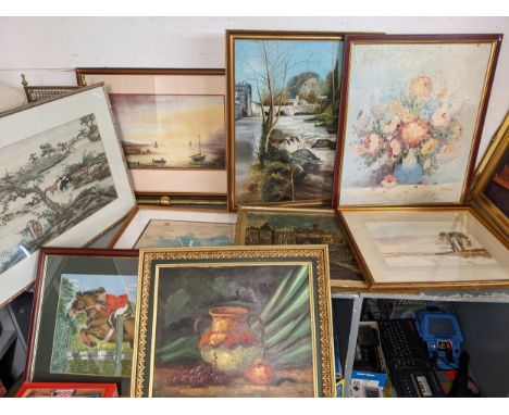 Paintings and prints to include Lionel Baron, Bowen, San Diego Bay map overpainted with a boat, river scene, seascapes and ot