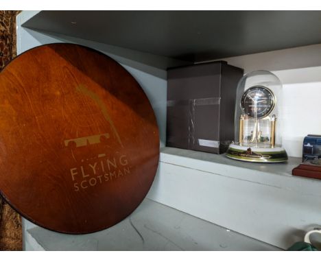 Railway related collectables to include a Flying Scotsman anniversary clock, an occasional table, model engines, tins in the 
