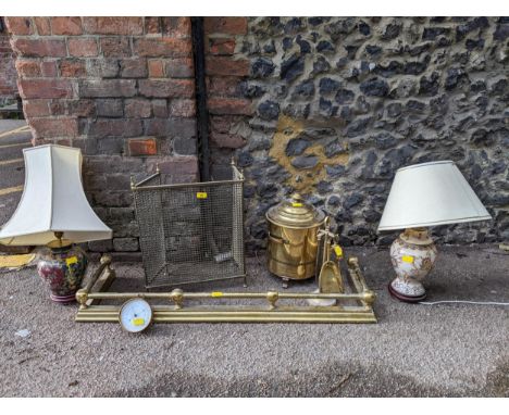 Fire related items to include a curb, a spark guard, a coal box and other items, along with a barometer and two oriental styl