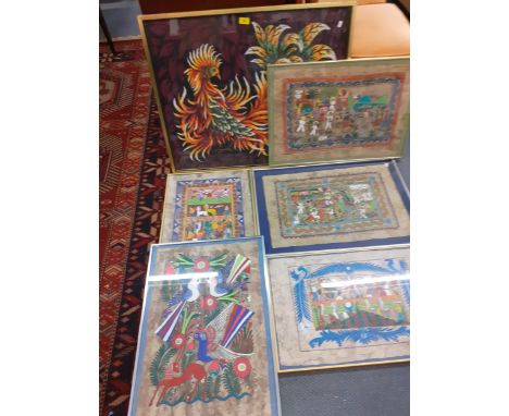 Ruben Lopez and Francis Lorenzo - a group of signed screen prints, framed together with a tapestry picture of a phoenix, fram
