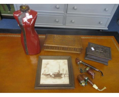 Two Swiss wooden music boxes, one with a Jules Cuendet movement, one A/F, two wooden tobacco pipes, a framed Delft tile and p