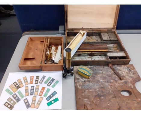 A Robertson &amp; Co painting set in pine box A/F, together with a set of six ivory coloured napkin rings and one other, a sm