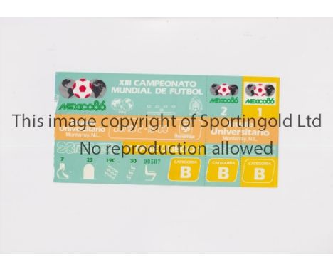1986 WORLD CUP      Unused ticket for Morocco v Poland 2/6 at the University Stadium, Monterrey. Staple holes and minor tears
