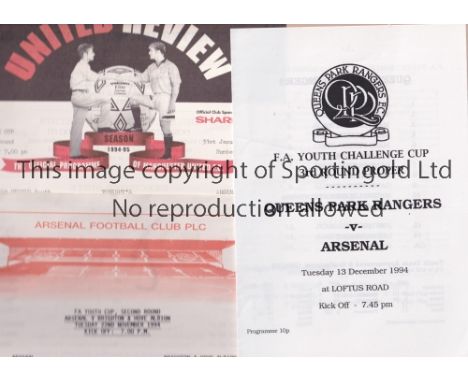 ARSENAL     Three programmes for FA Youth Cup ties in season 1993/4: home v Brighton and away v QPR and Manchester United, wr