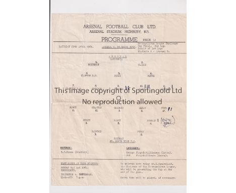 ARSENAL      Single sheet programme for the home Metropolitan League Cup Final 2nd Leg v St. Neots Town 29/4/1961, horizontal
