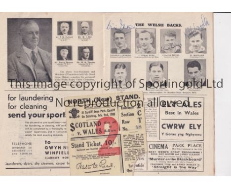 WALES V SCOTLAND / RUGBY UNION 1935 / AUTOGRAPH       Programme and match ticket for the International match at Cardiff 2/2/1