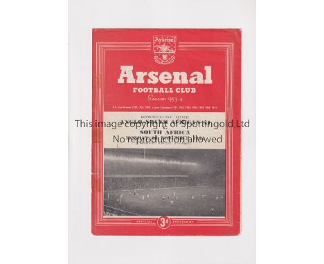 NEUTRAL AT ARSENAL     Programme for Anglo-South African XI v South Africa 9/11/1953 at Highbury, tape marks on the spine.   